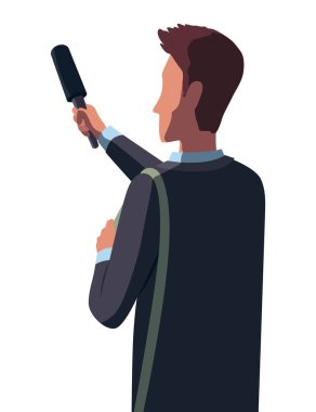 Basın toplantısı, muhabir röportaj yapıyor. Medya röportajları ve sorulara cevaplar. Siyasi konferans afişi, muhabirlik ve brifing.