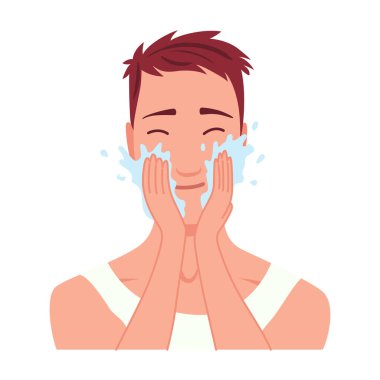 Adam tıraş oluyor. Erkek karakter bakımı, kişisel cilt bakım rutini. Yüzü temizlendi ve tedavi edildi. Düz vektör çizimi beyaz arkaplanda izole edildi.