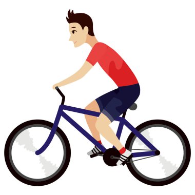 Bisiklet ya da binicilik ikonu. Oyun ya da çizgi film için animasyon ögesi. Bisikletli genç adam. Vektör illüstrasyonu.