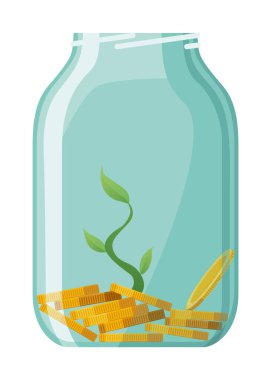 Şişe parası yatırıyorum, ikon. Para yetiştirme konsepti, tasarruf ağacını finanse etme, yatırımı finanse etme. Para büyüyen fabrika basamağı banka konseptinde mevduat madeni para ile.