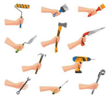 İnşaat aletleri hazır. Düz dizayn ve vektör illüstrasyonda ev işi ekipmanları. Ana araçlar yenileme seti oluşturuluyor.