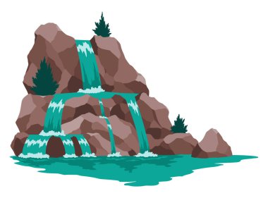 Çizgi film nehri çağlayan şelalesi. Dağlar ve ağaçlarla kaplı bir manzara. Seyahat broşürü veya illüstrasyon mobil oyunu için tasarım ögesi. Taze doğal su.