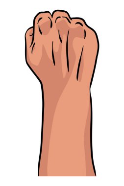 Yumruk işareti kaldırıldı. Yumruğunu sıkıca kavrayıp ayağa kalkıyor. Beyaz arka planda izole edilmiş bir sembol. Güç işareti. İnsan eli havada..