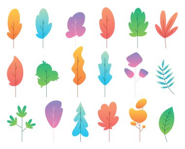 Düz asgari çalı, çalı, ağaç, ot, yabani bitki ikonları. Çizgi film parkı ya da bahçe, bahar manzarası elementleri vektörü ayarlandı. Çevresel renkli yalıtılmış bitki örtüsü.