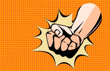 Çizgi roman geçmişi olan bir el yazısı. Yumruk düz çizgi film afişi. Enerji ve güç kavramı olarak vektör el vuruşu.