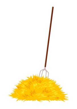 Samanlık beyaz arka planda izole edilmiş. Düz vektör çizimi çatalla kurutulmuş saman yığını. Çiftlik saman balyası samanlığı, tarımsal kır köylüsü..