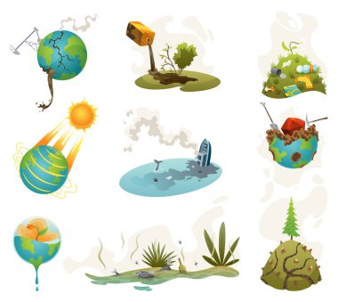 Gezegen kirliliği ya da Dünya 'nın kirlenmesi. Ekoloji sorunları. İzole edilmiş bir gezegenin acı çekmesiyle ilgili farkındalık kampanyası. Çizgi film düz vektör çizimi.