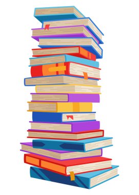 Yüksek kitap yığınları ya da yığın. Kütüphane ders kitapları, okul edebiyatı, sözlükler. Kitapçı reklamı. Çizgi roman yığınları beyaz üzerine izole edilmiş farklı renkli kapaklar ile açı görünümü.