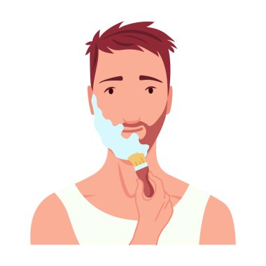 Adam tıraş oluyor. Erkek karakter bakımı, kişisel cilt bakım rutini. Yüzü temizlendi ve tedavi edildi. Düz vektör çizimi beyaz arkaplanda izole edildi.