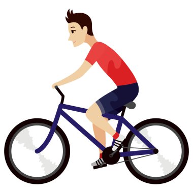 Bisiklet ya da binicilik ikonu. Oyun ya da çizgi film için animasyon ögesi. Bisikletli genç adam. Vektör illüstrasyonu.