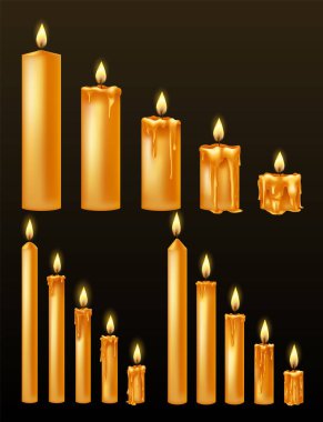 Mumları damlayan ya da akan balmumuyla yakmak. Sarı mumlar ve altın alevler. Yanmış ve erimiş balmumu. Yüksekten alta doğru sıralanmış. Koyu arkaplanda parlayan güzel mumların tasviri.