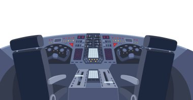 Uçak kokpiti. Kabin uçuş uçağının arka görüntüsü. Uçuş sırasında kokpitin içinde. Vektör çizgi film illüstrasyonu.