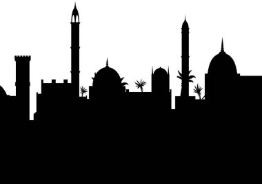 Orta Doğu. Geleneksel çamur tuğlalı evler silueti olan Arap çölü. Eski bina. Düz vektör illüstrasyonu.