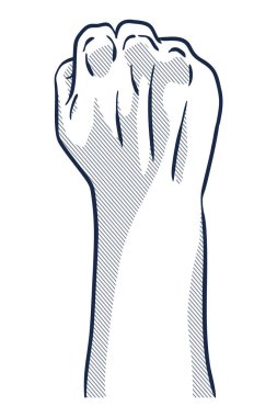 Kaldırılmış yumruk hareketi monokrom amblemi. Yumruğunu sıkıca kavrayıp ayağa kalkıyor. Beyaz arka planda izole edilmiş bir sembol. Güç işareti. İnsan eli havada..