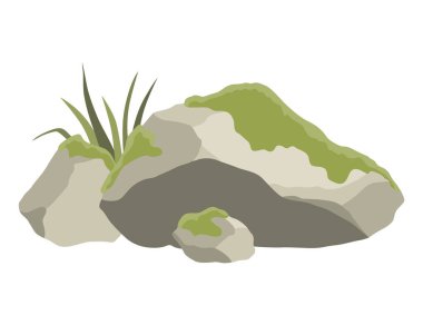 Kaya taşı oluşumları. Çimen ve yosunlu küçük kaya dağı, kaya desenli büyük ikon, ağır kazıklar. Çeşitli şekillerde kaldırım taşları, sert kaya kalıntıları. Vektör çizgi arkaplanı.