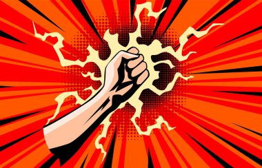 El yumruğu. Komik bir geçmişi olan yükseltilmiş kol yumruğu. Vektör ikonu düz sembolünü uzat. Kazanan ilk vektör işareti kavramı.