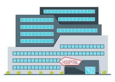 Hastanenin dış görünüşü ve girişi düz dizaynlı. Tıbbi hastane binası ikonu, beyaz arka planda izole edilmiş. Vektör illüstrasyonu.