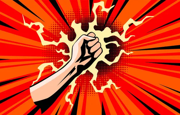 El yumruğu. Komik bir geçmişi olan yükseltilmiş kol yumruğu. Vektör ikonu düz sembolünü uzat. Kazanan ilk vektör işareti kavramı.