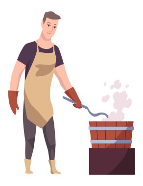 Demirci işçisi. Çelik aletler yapan bir zanaatkarlık. Dökümhane atölyesinde çekiç üreten bir karakter. İşçi bir şeyler yapıyor. Vektör çizgi film karakteri.