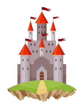 Peri masalı kalesi. Ortaçağ kraliyet konağı mimarisi. Prenses için güzel bir masal kulesi, tarihi güçlendirilmiş bina. Şövalye kalesi, hayal gücü. İzole edilmiş çizgi film vektör çizimi.