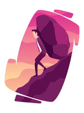 Businessman with boulder vector illustration. Unhappy person push rock or boulder suffer with overwork and responsibility. Crisis problem of business people, burden, challenge, conquering concept.