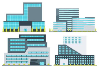 Hastanenin dış görünüşü ve girişi düz dizaynlı. Tıbbi hastane binası ikonu seti, beyaz arka planda izole edilmiş. Vektör illüstrasyonu.