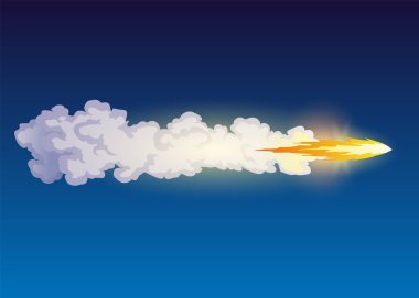 Roket izleri yangın dumanı, bulutlu uzay gemisi fırlatma, uzay efektleri. Galaksi mekiği veya uzay aracı motorunun uzay roketi. Çizgi film vektör illüstrasyonu.