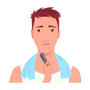 Adam tıraş oluyor. Erkek karakter bakımı, kişisel cilt bakım rutini. Yüzü temizlendi ve tedavi edildi. Düz vektör çizimi beyaz arkaplanda izole edildi.