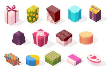 Hediye kutuları simgesi seti. Kurdele ve fiyonklarla sarılı pastel renkler. Vektör tatil kutuları, sürpriz öge, beyaz arkaplanda izole edilmiş kutlama tasarım sembolü.