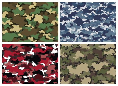 Camouflage texture seamless patterns set. Abstract modern camo backgrounds for fabric and fashion textile print. Woodland style. Textures of classic clothing in masking style.