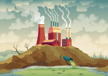 Kirlilik fabrikası, duman çıkaran bitki boruları. Nehir suyuna atık emisyonu. Doğa ekolojisi ile ilgili sorun kavramının düz bir şekli var. Kirli atık su kirli çevre.