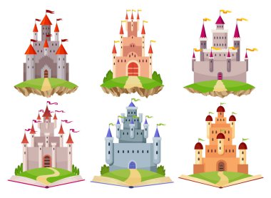 Peri masalı kalesi seti. Ortaçağ kraliyet konağı mimarisi. Prenses için güzel masal kuleleri, tarihi güçlendirilmiş binalar. Şövalye kalesi İzole edilmiş çizgi film vektör çizimi.