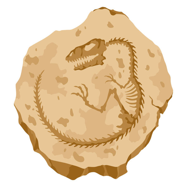 Археологический ископаемый камень с отпечатками костей динозавров юрского периода. Археологические следы рептилий, кости. Мультфильм-векторная иллюстрация.