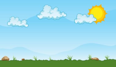 Beyaz bulutlu ve parlayan güneşli açık mavi gökyüzü altında yeşil çimenli yaz manzarası - vektör çizimi.