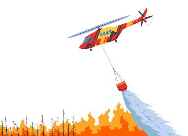 Helikopter orman yangınını söndürüyor. Hava taşımacılığını kurtarın. Yangınların uzaktan söndürülmesi. Doğal afetlerle savaşmak. Vektör illüstrasyonu.