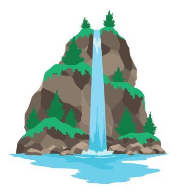 Karikatür nehri şelalesi. Dağlar ve ağaçlarla kaplı bir manzara. Seyahat broşürü veya illüstrasyon mobil oyunu için tasarım ögesi. Taze doğal su.