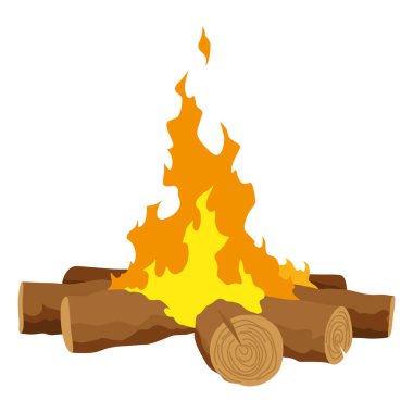 Fireplace campfire type. Burning wood, travel and adventure symbol. Vector bonfire or woodfire in cartoon flat style. Tourist bonfires in stack.