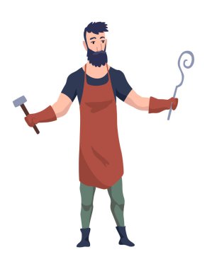 Demirci işçisi. Çelik aletler yapan bir zanaatkarlık. Dökümhane atölyesinde çekiç üreten bir karakter. İşçi bir şeyler yapıyor. Vektör çizgi film karakteri.