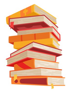 Yüksek kitap yığınları ya da yığın. Kütüphane ders kitapları, okul edebiyatı, sözlükler. Kitapçı reklamı. Çizgi roman yığınları beyaz üzerine izole edilmiş farklı renkli kapaklar ile açı görünümü.
