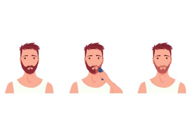 Adam tıraş oluyor. Erkek karakter bakımı, kişisel cilt bakım rutini. Yüzü çeşitli eylemlerle temizlendi ve tedavi edildi. Düz vektör çizimi beyaz arkaplanda izole edildi.