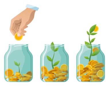 Şişe parası yatırıyorum, ikon seti. Para yetiştirme konsepti, tasarruf ağacını finanse etme, yatırımı finanse etme. Para büyüyen fabrika basamağı banka konseptinde mevduat madeni para ile.