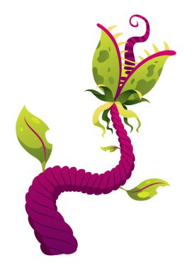 Etçil bitki. Çizgi film sineği kapanı ya da çiçek avcısı. Kızgın çiçek canavarı bitki ikonu. Vektör illüstrasyonu.