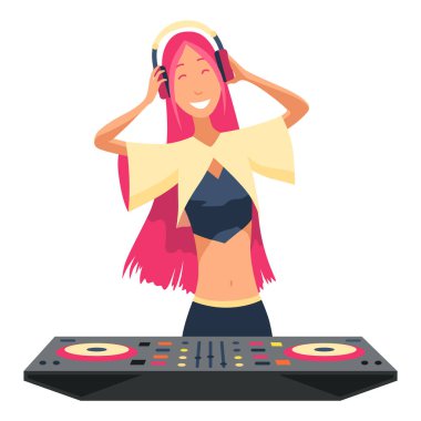 DJ karakterleri. Müzik kayıt konsolu temsilcileri için kulaklıklı bayan parti müzisyeni. DJ müzik partisi, kulaklıklı müzisyen..