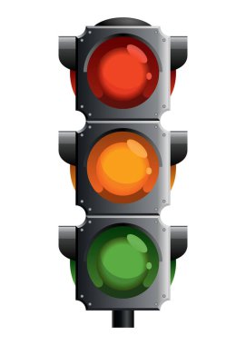 Kırmızı, sarı ve yeşil renkli trafik ışığı. Düz vektör çizimi beyaz arkaplanda izole edildi.