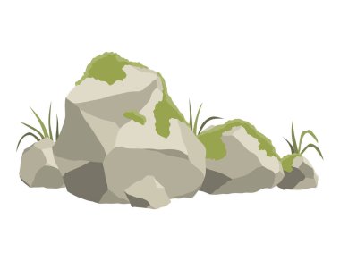 Kaya taşı oluşumları. Çimen ve yosunlu küçük kaya dağı, kaya desenli büyük ikon, ağır kazıklar. Çeşitli şekillerde kaldırım taşları, sert kaya kalıntıları. Vektör çizgi arkaplanı.