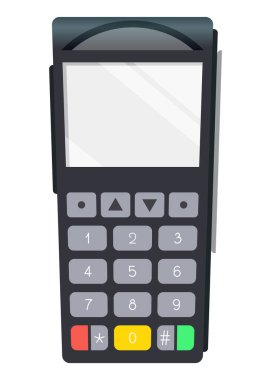 Ödeme durumu terminali. NFC ödeme makinesi konsepti. Banka ödeme terminali, model. Düz tasarımda vektör illüstrasyonu.