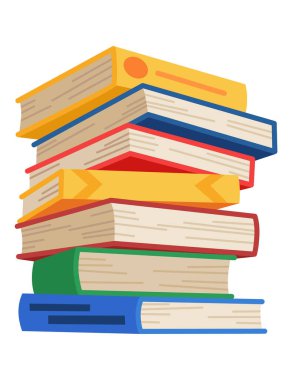 Yüksek kitap yığınları ya da yığın. Kütüphane ders kitapları, okul edebiyatı, sözlükler. Kitapçı reklamı. Çizgi roman yığınları beyaz üzerine izole edilmiş farklı renkli kapaklar ile açı görünümü.