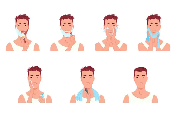 男性キャラクターのグルーミングは 個人的なスキンケアのルーチンをします 顔を清め さまざまな行動で治療しました 白い背景に単離された平らなベクトルのイラストセット ロイヤリティフリーのストックイラスト