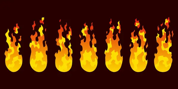 火のアニメーションのスプライト 赤とオレンジの炎のセット さまざまな形の炎 ゲームアニメーション用のホットフレーミング要素のコレクション 漫画風のベクトルアイコン ストックベクター
