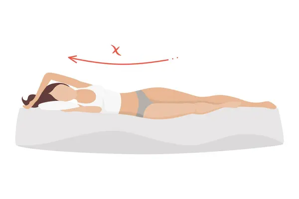 Uykusuz Vücut Duruşu Yataklarda Yastıklarda Pek Sağlıklı Bir Uyku Pozisyonu — Stok Vektör